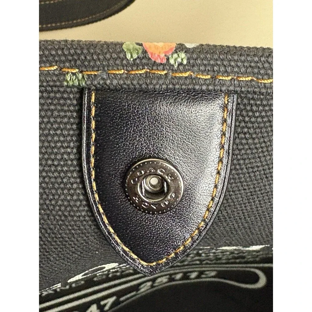 Rare COACH Sharky Canvas Tote Bag Floral Black Leather Trim Limited Edition EUC